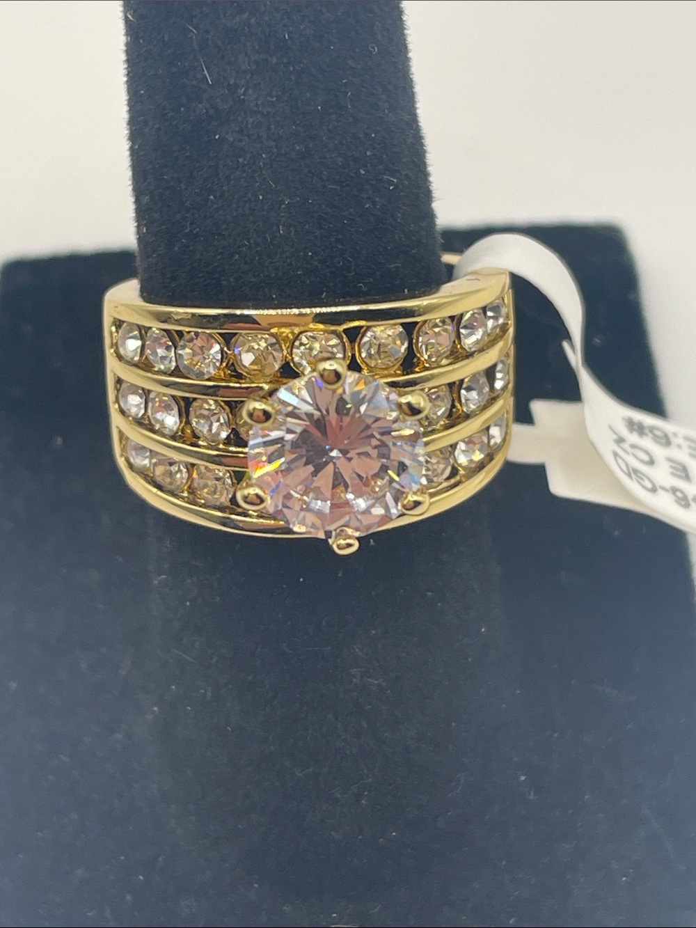 Brass Gold plated With White Center Crystal Triple-Row Statement Ring Size 6
